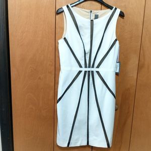 Vera Wang Shortt Sleeve White/Black Mesh Midi Sheath Dress (12) NWT